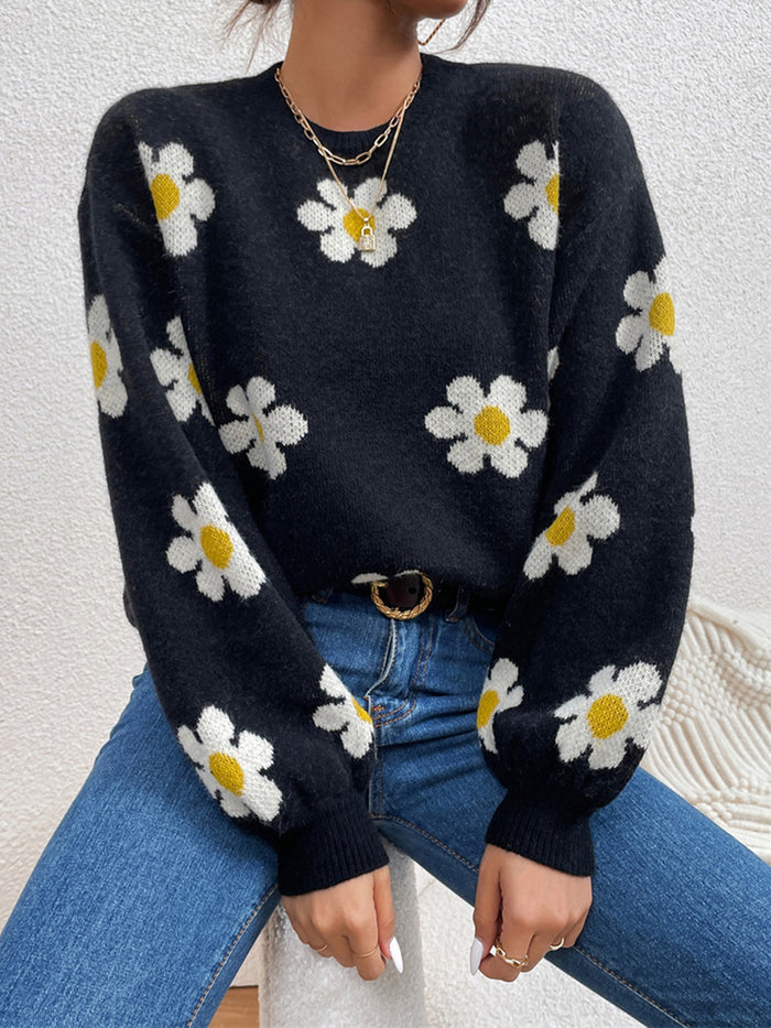 Flower Power Round Neck Latern Sleeve Sweater