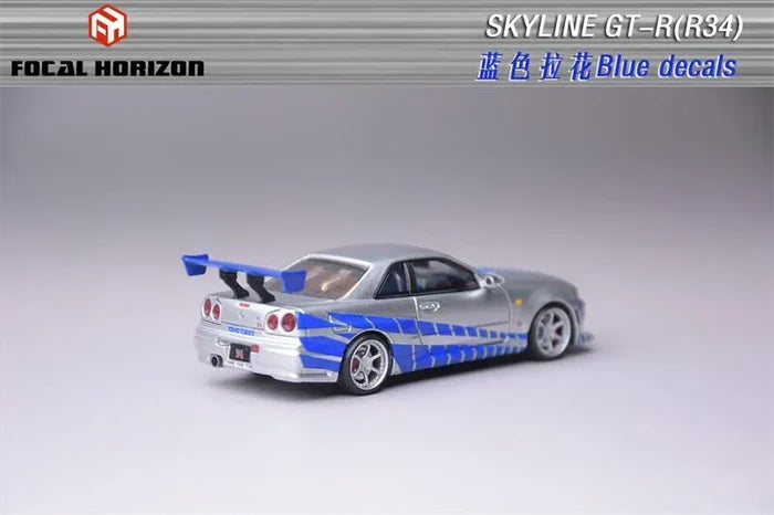 Focal Horizon FH 1:64 Skyline GT-R R34 FNF C-West Silver Blue Die-Cast Car Model Collection Miniature