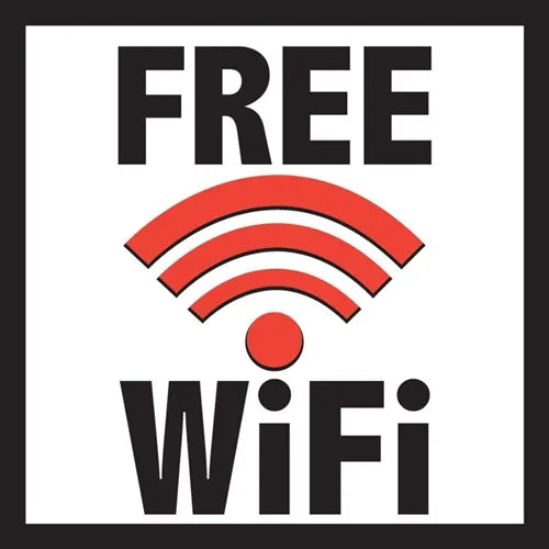Free WiFi sign with red wireless symbol, bold black text on white background for business storefronts