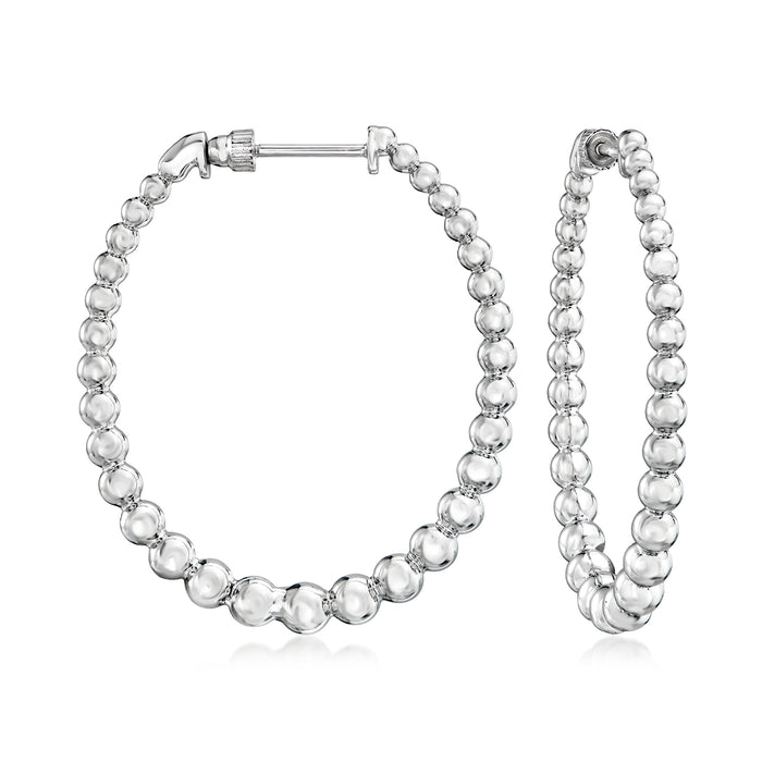 Sterling silver bead hoop earrings with round linked beads and post closure, pair