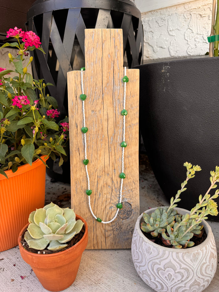 Green Jade Heart and shell bead layer necklace (32 inches)