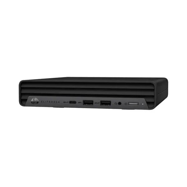A black HP EliteDesk 800 G6 USDT i7 10700T Mini PC with USB, USB-C, and audio jack ports is displayed on a plain white background. This HP desktop, featuring 16GB RAM and 256GB SSD, is perfect for modern workspaces.
