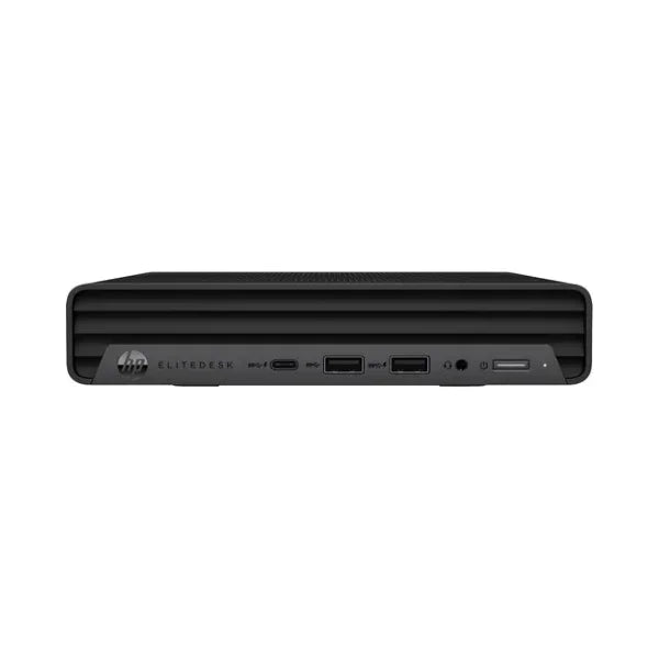 Front view of the HP EliteDesk 800 G6 USDT Mini PC by HP with USB-C, USB-A, headphone jack, and power button on a black compact desktop. Specs: i7-10700T 2GHz, 16GB RAM, 256GB SSD, WiFi, Windows 11 Pro.