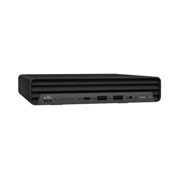 The HP EliteDesk 800 G6 USDT is a compact black business desktop featuring an i7 10700T, 16GB RAM, 256GB SSD, multiple front USB ports, audio jack, and power button—shown against a white background.