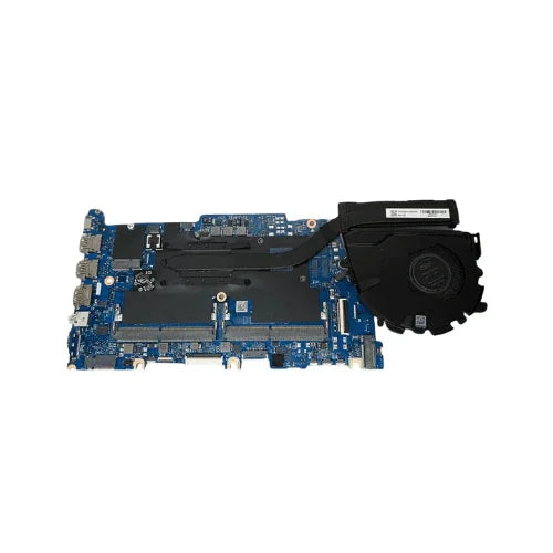 A refurbished HP EliteBook 640 G8 i7 1165G7 motherboard by HP features multiple electronic components, left-edge ports, and an attached black cooling fan with heat sink on the right side.
