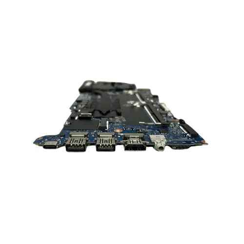 A close-up of a refurbished HP EliteBook 640 G8 i7 1165G7 Motherboard by HP, featuring various ports and connectors, photographed from a low angle on a white background.
