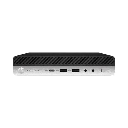 Front view of a refurbished HP ProDesk 600 G5 Mini i5 9500T, with USB-C, USB-A, audio jack, and power button on a sleek silver and black case, running Windows 11 Pro.