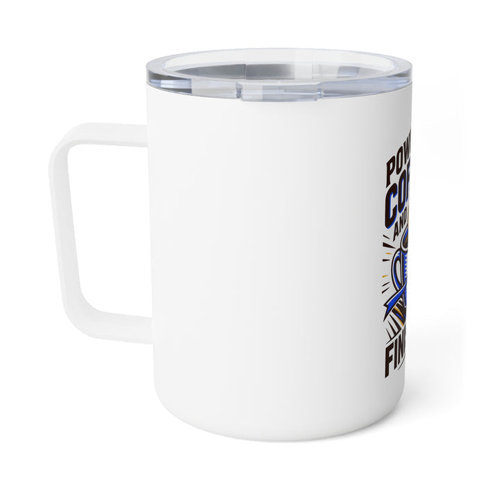 Insulated Mug — "Powered by Coffee and Finish Line" Runner Triathlon Travel Cup