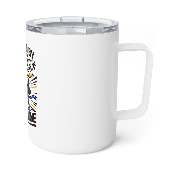 Insulated Mug — "Powered by Coffee and Finish Line" Runner Triathlon Travel Cup