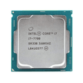 A close-up image of a refurbished Intel 7th Gen i7 7700 3.6GHz Quad Core FCLGA1151 CPU, showing key details and codes on the metal heat spreader of this powerful processor. Comes with a 3-month warranty.