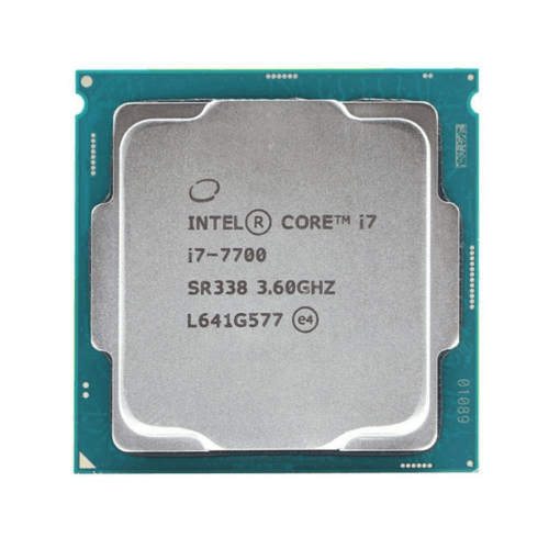 A close-up image of a refurbished Intel 7th Gen i7 7700 3.6GHz Quad Core FCLGA1151 CPU, showing key details and codes on the metal heat spreader of this powerful processor. Comes with a 3-month warranty.