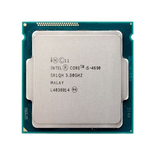 A close-up of the Intel i5 4690 Quad Core 3.5GHz CPU shows the model number, Intel branding, 6MB cache, and LGA 1150 socket details on its metallic surface.