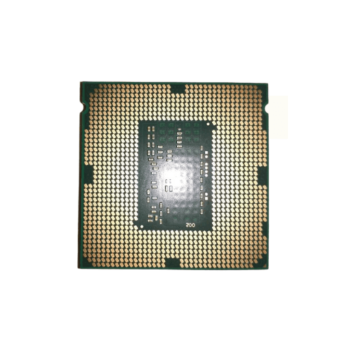 A close-up of the underside of a refurbished Intel i5 4690 Quad Core 3.5GHz 6MB LGA 1150 CPU Processor (3mth Wty), showing its grid of gold pins for motherboard connection, on a white background. Brand: Intel.