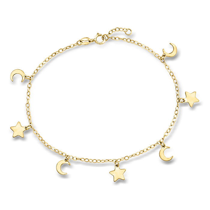 14kt yellow gold moon and stars bracelet with linked chain and small charm accents
