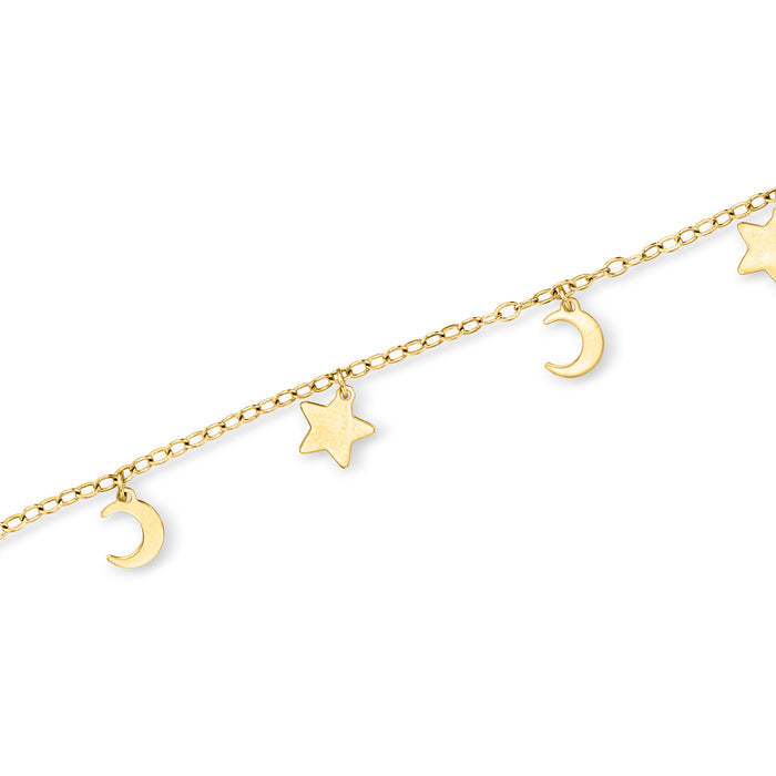 14kt yellow gold bracelet with crescent moons and star charms along the chain