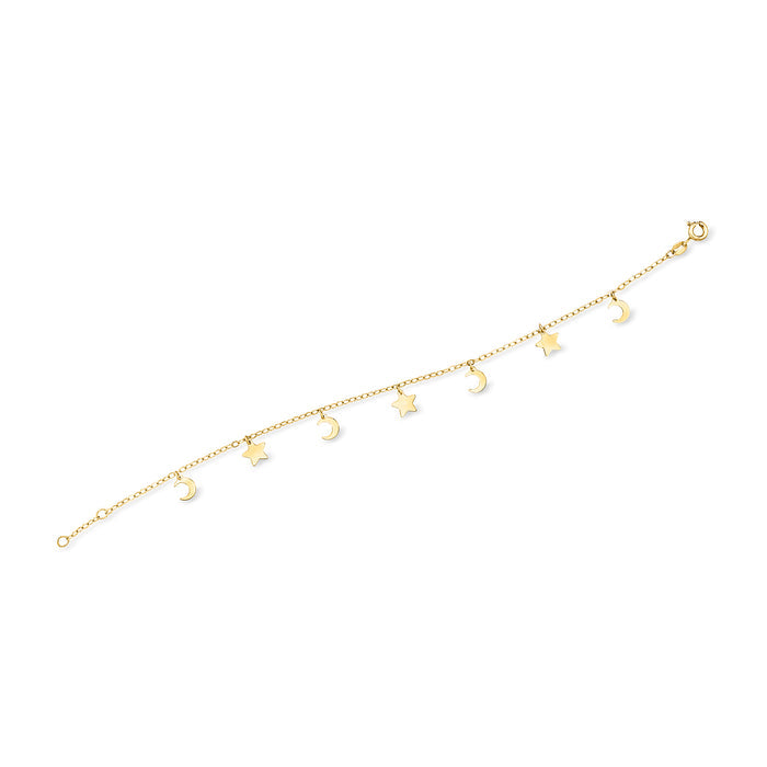 14kt yellow gold moon and stars bracelet with charm drops and spring-ring clasp