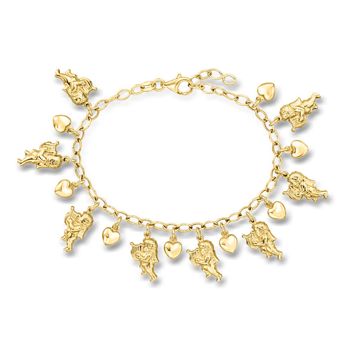 Gold-tone charm bracelet with cherub and heart charms along a linked chain