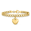 Gold curb-link bracelet with puffy heart charm, heart drop on short chain