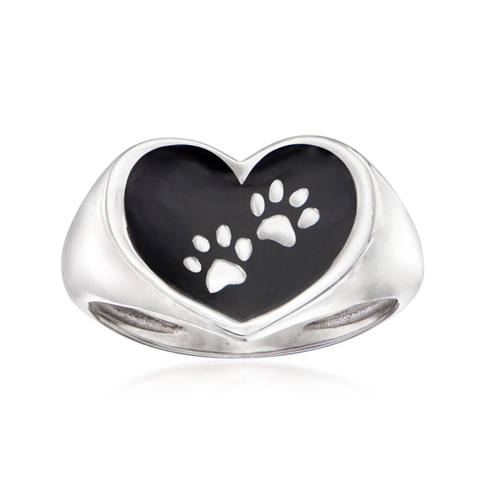 Sterling silver heart paw-print ring with black enamel, polished band