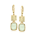 Gold drop earrings with Chinese longevity charm and green jade square stones, leverback