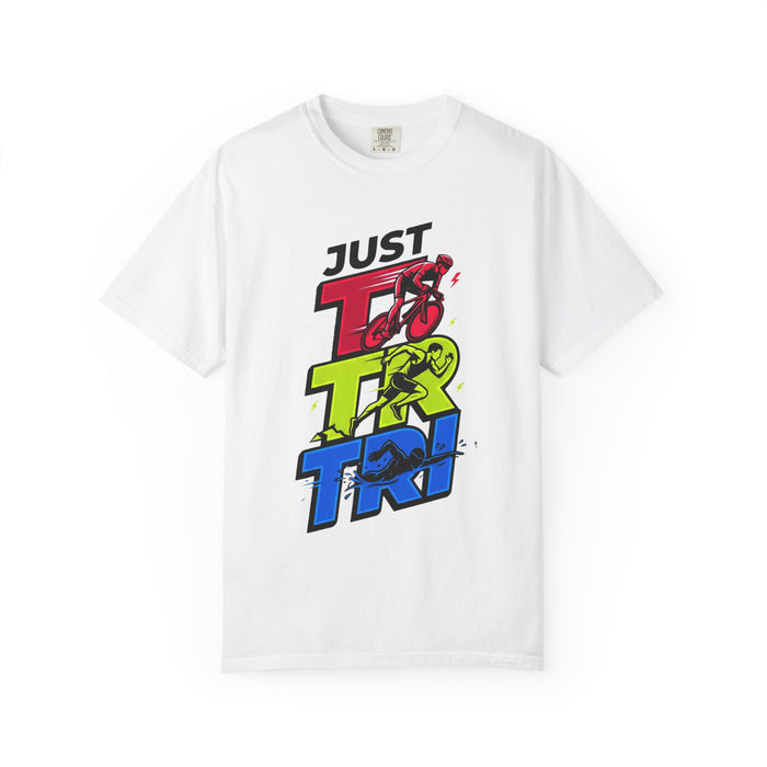 Just Tri Triathlon T‑Shirt — Retro Neon Swim Bike Run Tee