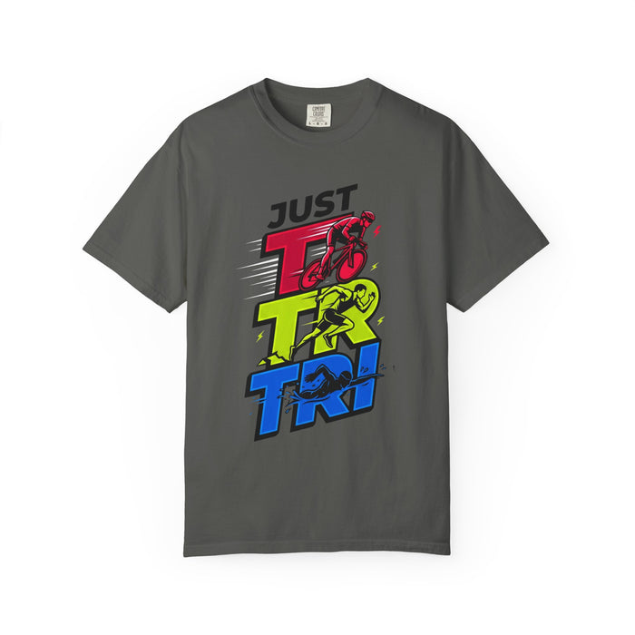 Just Tri Triathlon T‑Shirt — Retro Neon Swim Bike Run Tee