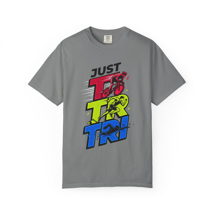 Just Tri Triathlon T‑Shirt — Retro Neon Swim Bike Run Tee
