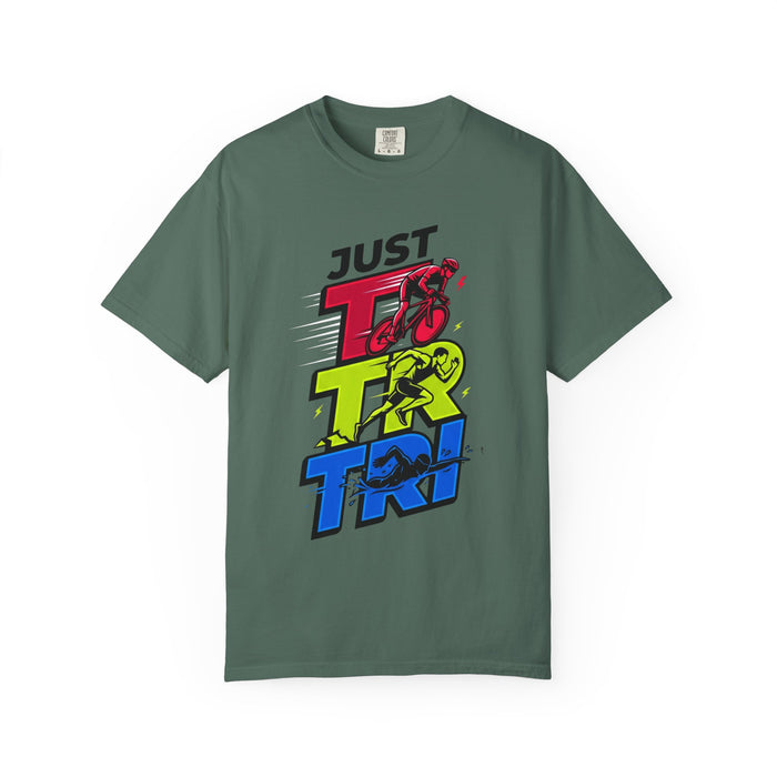 Just Tri Triathlon T‑Shirt — Retro Neon Swim Bike Run Tee