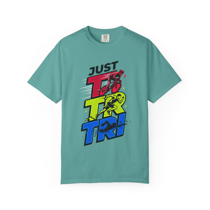 Just Tri Triathlon T‑Shirt — Retro Neon Swim Bike Run Tee