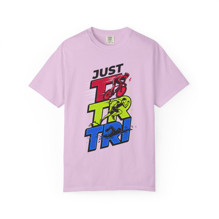 Just Tri Triathlon T‑Shirt — Retro Neon Swim Bike Run Tee