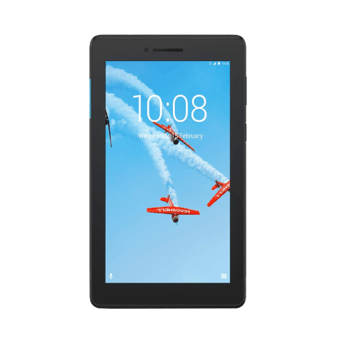 A refurbished Lenovo Tab E7 7" Tablet (16GB, Black) by Lenovo shows a lock screen with the time 10:08 and Wednesday, 28 February, featuring three red stunt planes—ideal for Kids Mode or as a versatile family tablet.