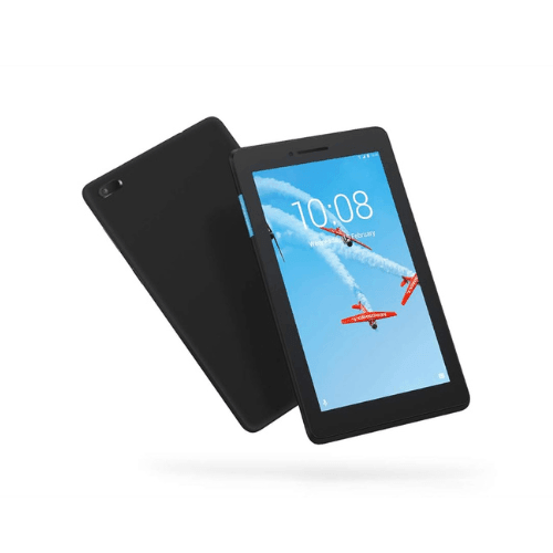 A refurbished Lenovo Tab E7 7" Tablet (16GB, Android, Black) is shown from the front and back with a 10:08 display and red airplanes wallpaper. It's ideal for families and includes Kids Mode for safer browsing. 3-month warranty by Lenovo.