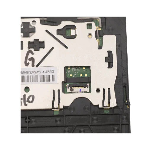 Close-up of a Lenovo ThinkPad 5M11A17792 P14s T14 T15 G2 Genuine Touchpad circuit board, showing metal shielding, barcode label, and connectors—perfect as an original Lenovo replacement part for compatible models.
