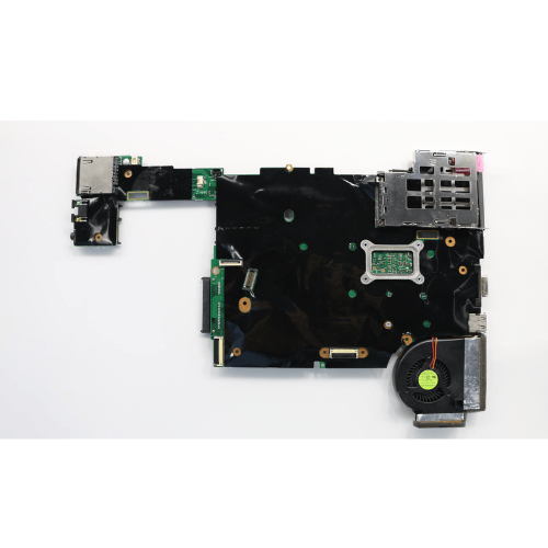A refurbished Lenovo ThinkPad X220 i5 2520 Motherboard (model 04Y1822) by Lenovo, with ports, a cooling fan, and circuit pathways, is displayed on a white surface.