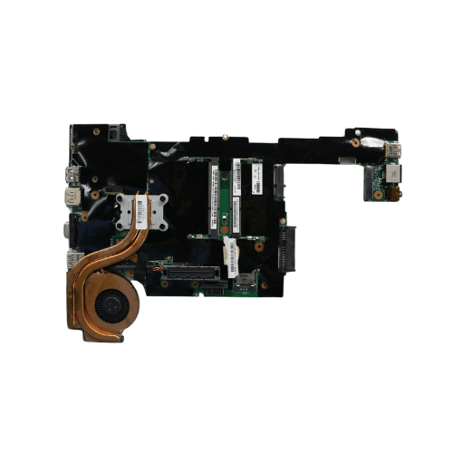 A refurbished Lenovo ThinkPad X220 i5 2520 Motherboard 04Y1822 by Lenovo with visible copper heat sink, cooling fan, RAM slots, and connectors shown on a white background.