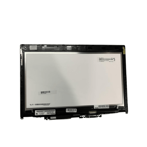 A refurbished Lenovo Yoga 260 12.5" 1366x768 touchscreen display panel (01AX903 | Wty) with a black frame, barcode stickers, and electronic connectors is shown against a white background.