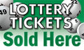 Lottery tickets sold here sign with green background and numbered balls for gas station or convenience store