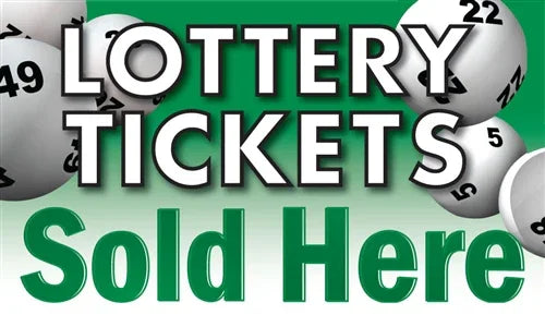 Lottery tickets sold here sign with green background and numbered balls for gas station or convenience store
