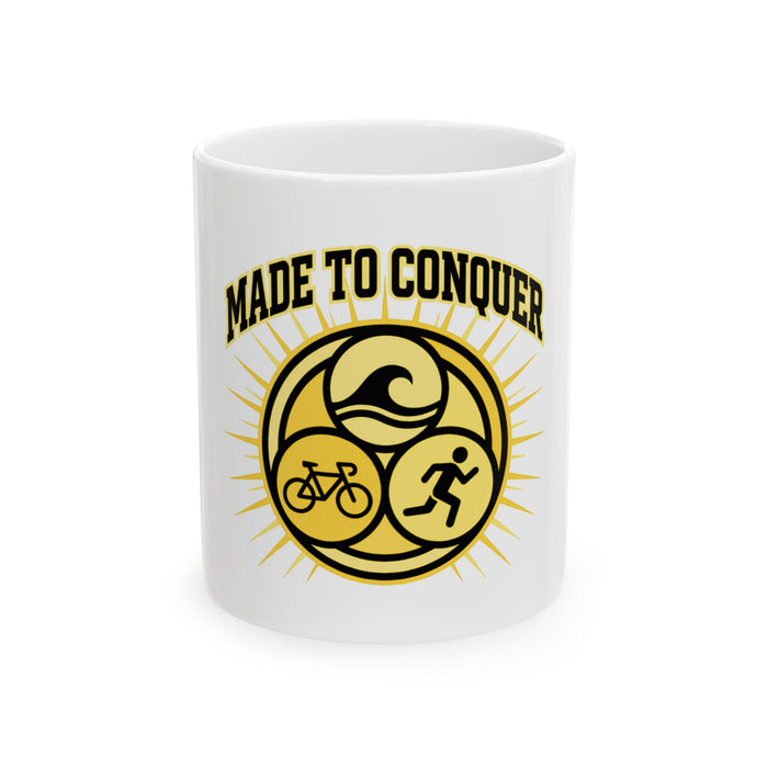 Made to Conquer Triathlon Mug — Cycling, Running & Swimming Ceramic Coffee Cup