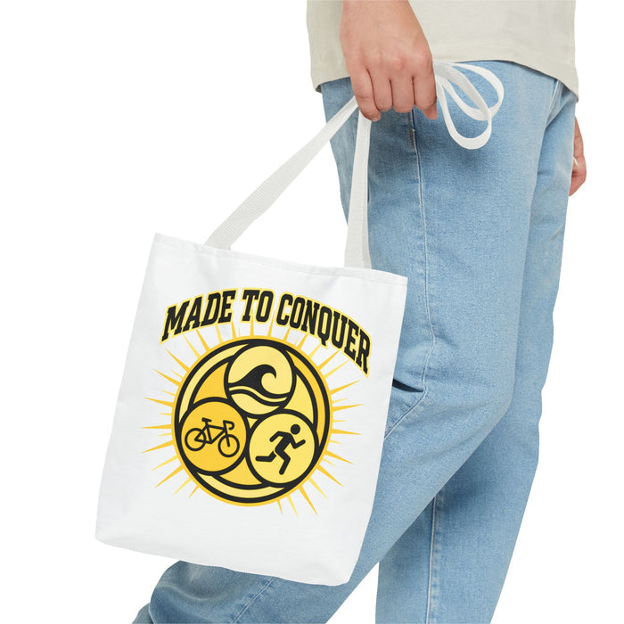 Made to Conquer Triathlon Tote Bag — Swim, Bike, Run Canvas Tote