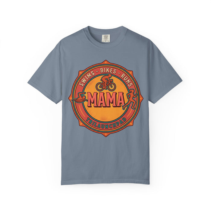 Mama Triathlete T-Shirt – Swims • Bikes • Runs Vintage Badge
