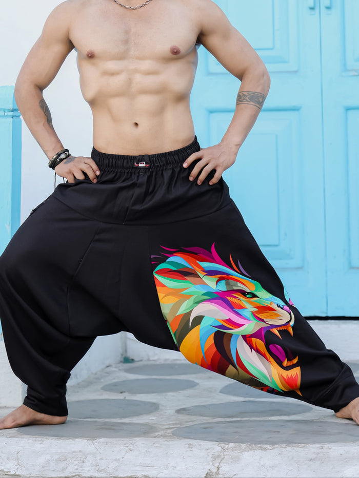 Men's Black Lion Print Harem Pants Front View - Baggy Aladdin Yoga Pants H75 Enimane