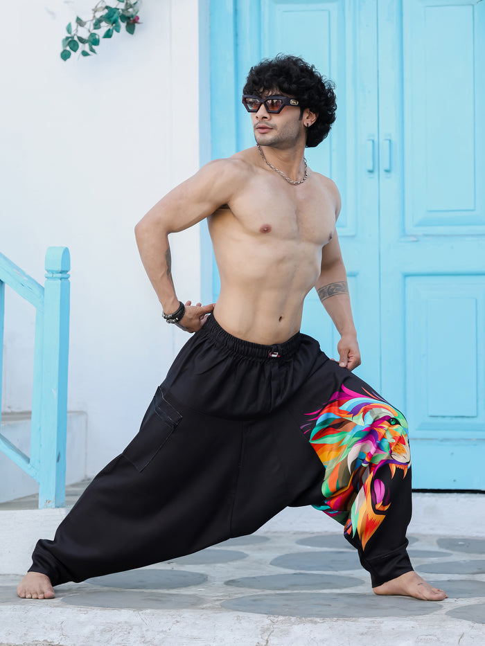 Men's Black Lion Print Harem Pants Back View - Baggy Aladdin Dance Pants H75 Enimane