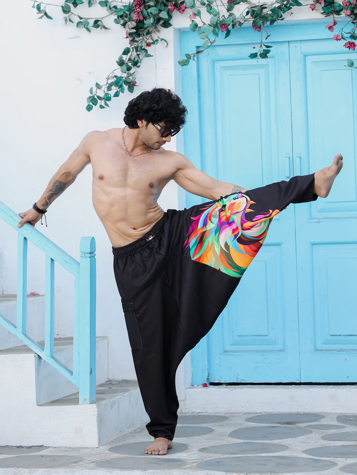 Men's Black Lion Print Baggy Harem Pants Side View - Unisex Yoga Travel Pants H75