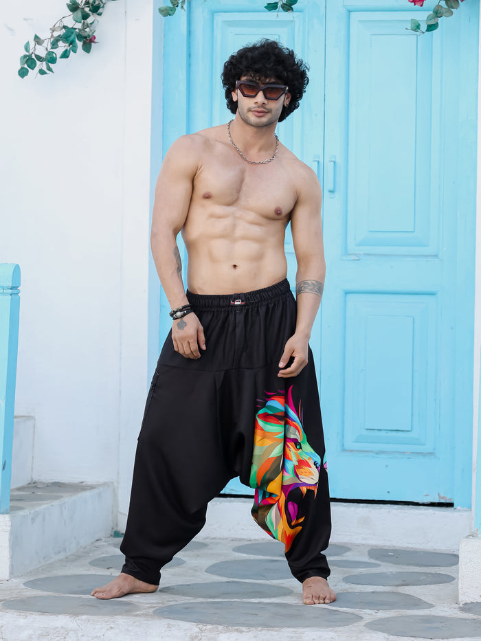 Close Up of Lion Print on Black Harem Pants - Bold Aladdin Yoga Dance Pants H75 Enimane