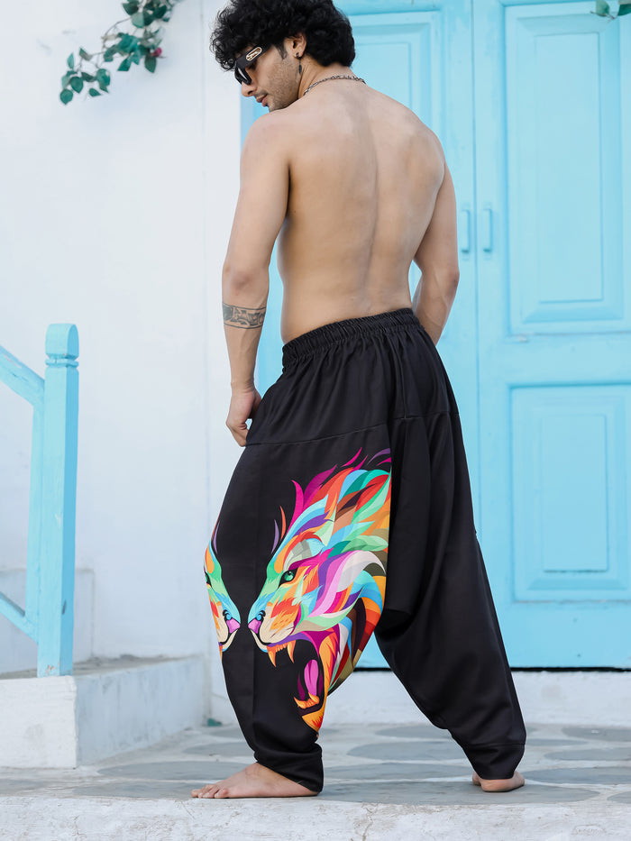 Elasticated Waist Detail of Men's Lion Print Harem Pants Free Size - H75 Enimane