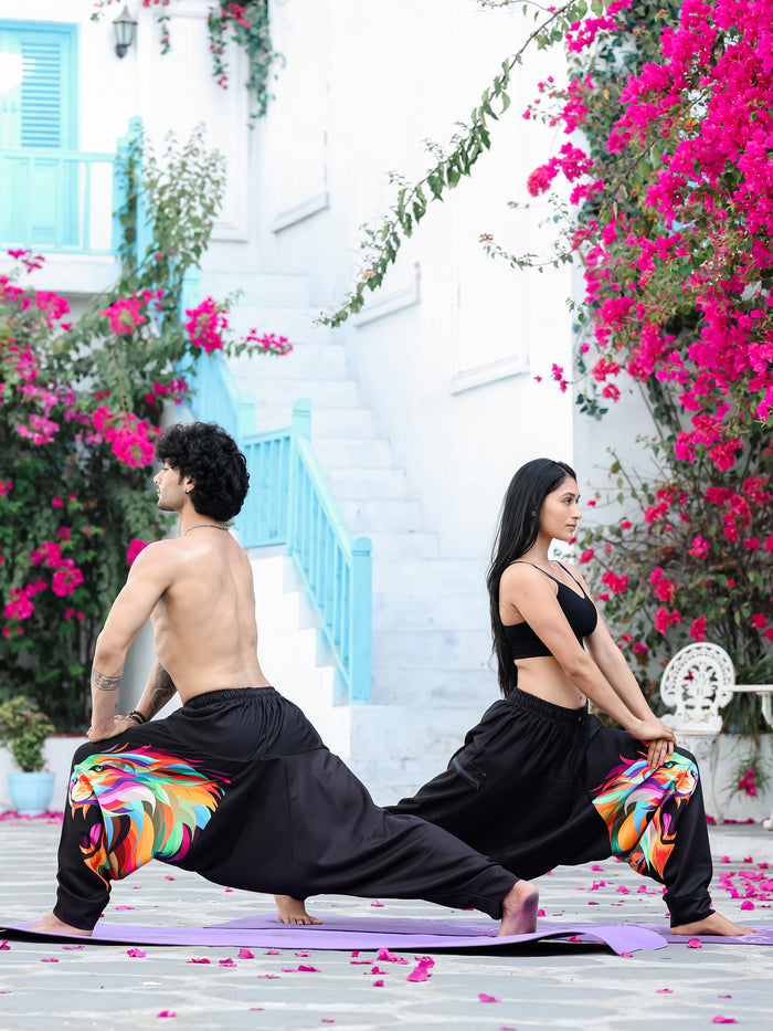 Men's Black Lion Print Aladdin Harem Pants Flat Lay - Yoga Dance Travel Pants H75 India