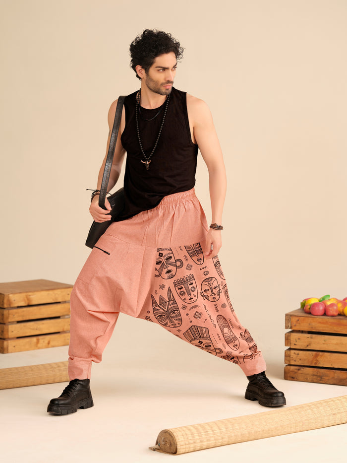 Men’s Cotton Harem Pants – Tribal Mask Print Boho Travel Dance Yoga & Fashion