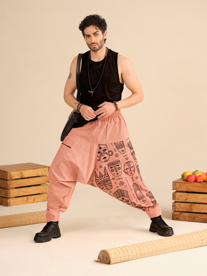 Men’s Cotton Harem Pants – Tribal Mask Print Boho Travel Dance Yoga & Fashion