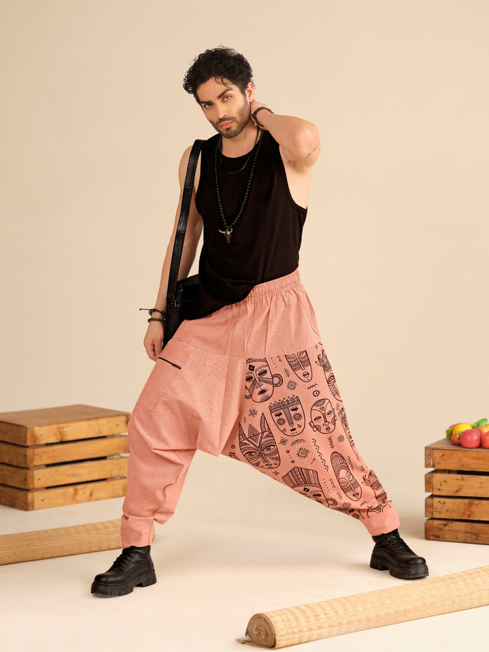 Men’s Cotton Harem Pants – Tribal Mask Print Boho Travel Dance Yoga & Fashion
